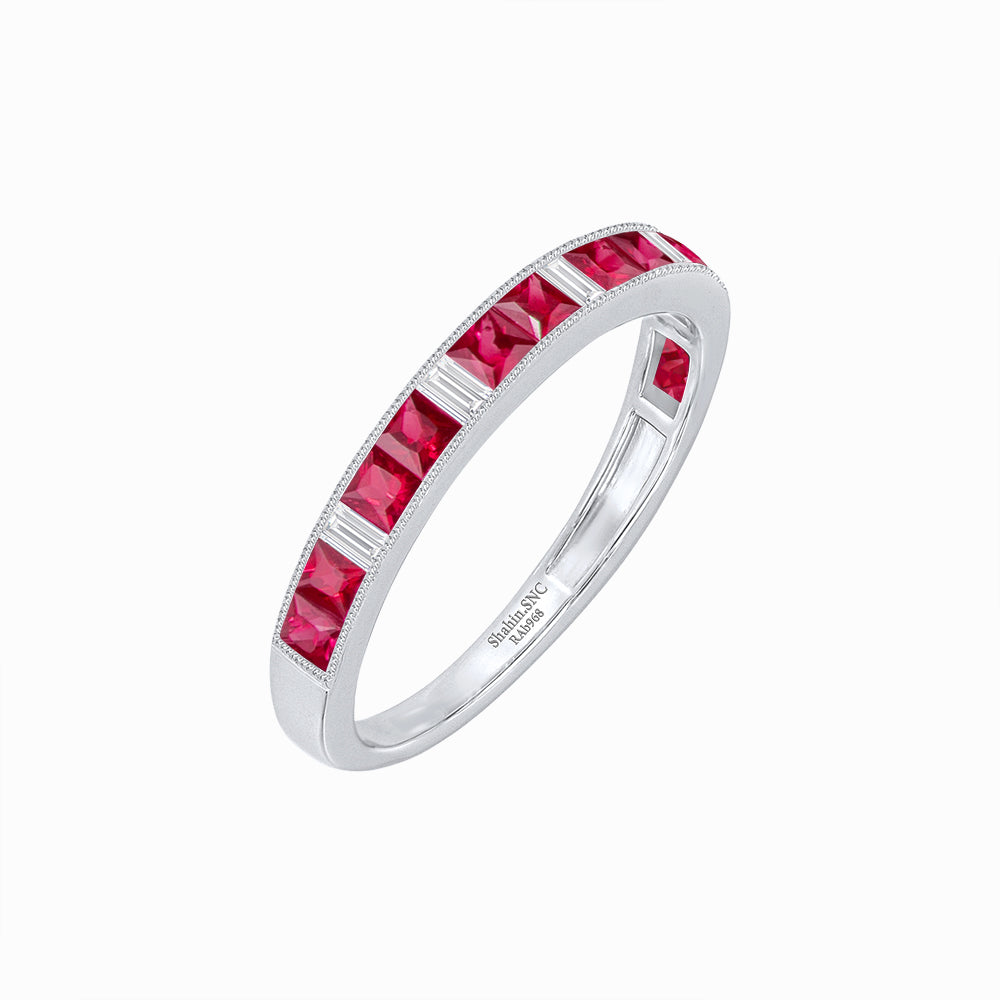 Art Deco Style Square Ruby and Baguette Diamond Half Eternity Band in 14K White Gold