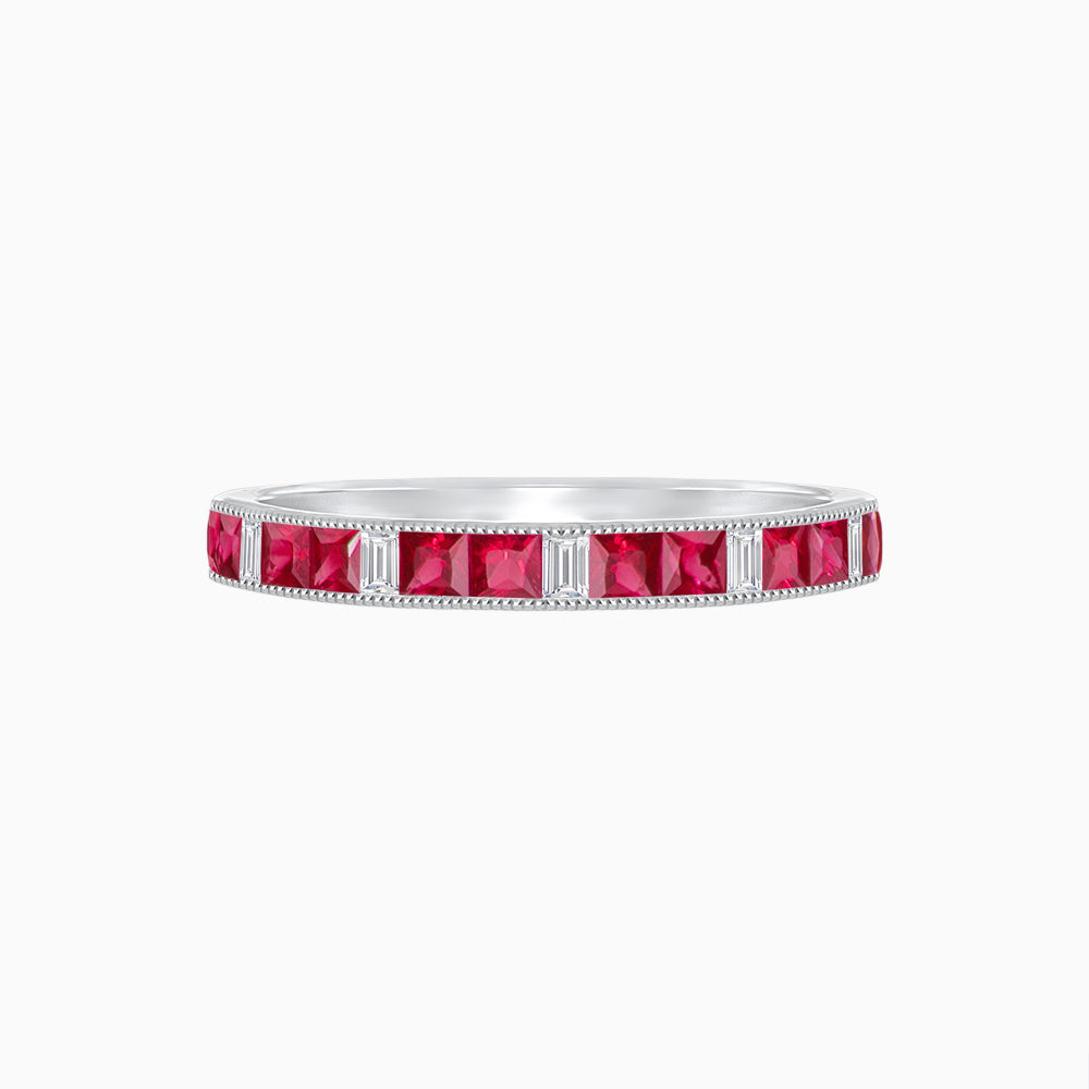Art Deco Style Square Ruby and Baguette Diamond Half Eternity Band in 14K White Gold