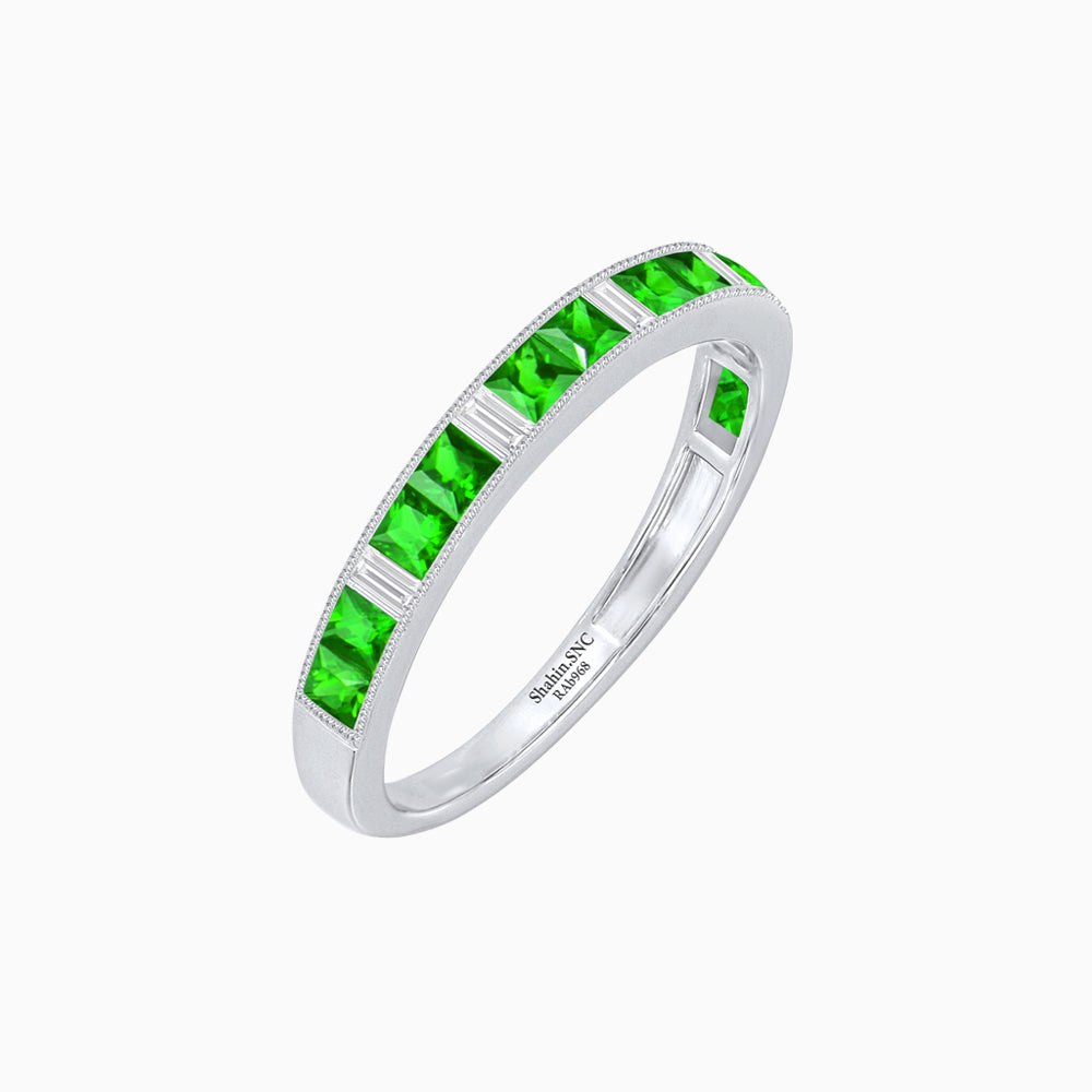 Art Deco Style Square Tsavorite and Baguette Diamond Half Eternity Band in 14K White Gold