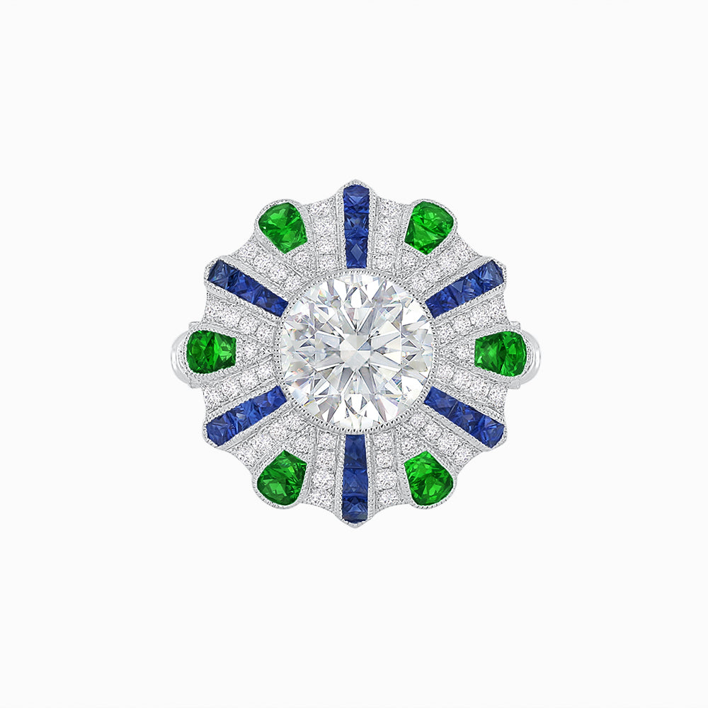 Art Deco-Inspired Peacock Diamond Ring Custom Center Stone | Fan Motif Halo | Hand-Applied Milgrain