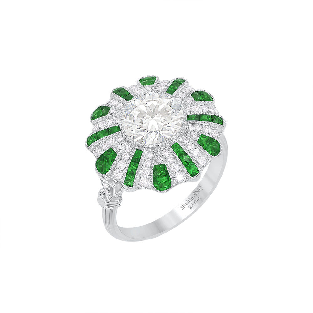 Art Deco-Inspired Peacock Diamond Ring Custom Center Stone | Fan Motif Halo | Hand-Applied Milgrain