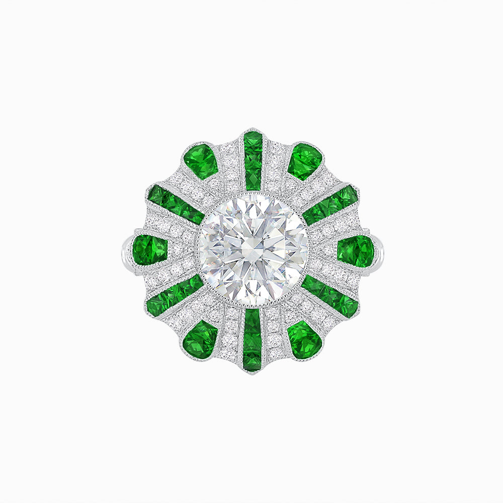 Art Deco-Inspired Peacock Diamond Ring Custom Center Stone | Fan Motif Halo | Hand-Applied Milgrain