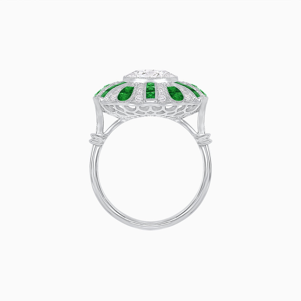Art Deco-Inspired Peacock Diamond Ring Custom Center Stone | Fan Motif Halo | Hand-Applied Milgrain