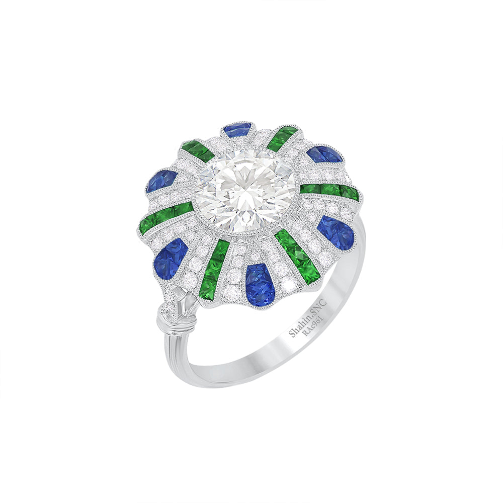 Art Deco-Inspired Peacock Diamond Ring Custom Center Stone | Fan Motif Halo | Hand-Applied Milgrain