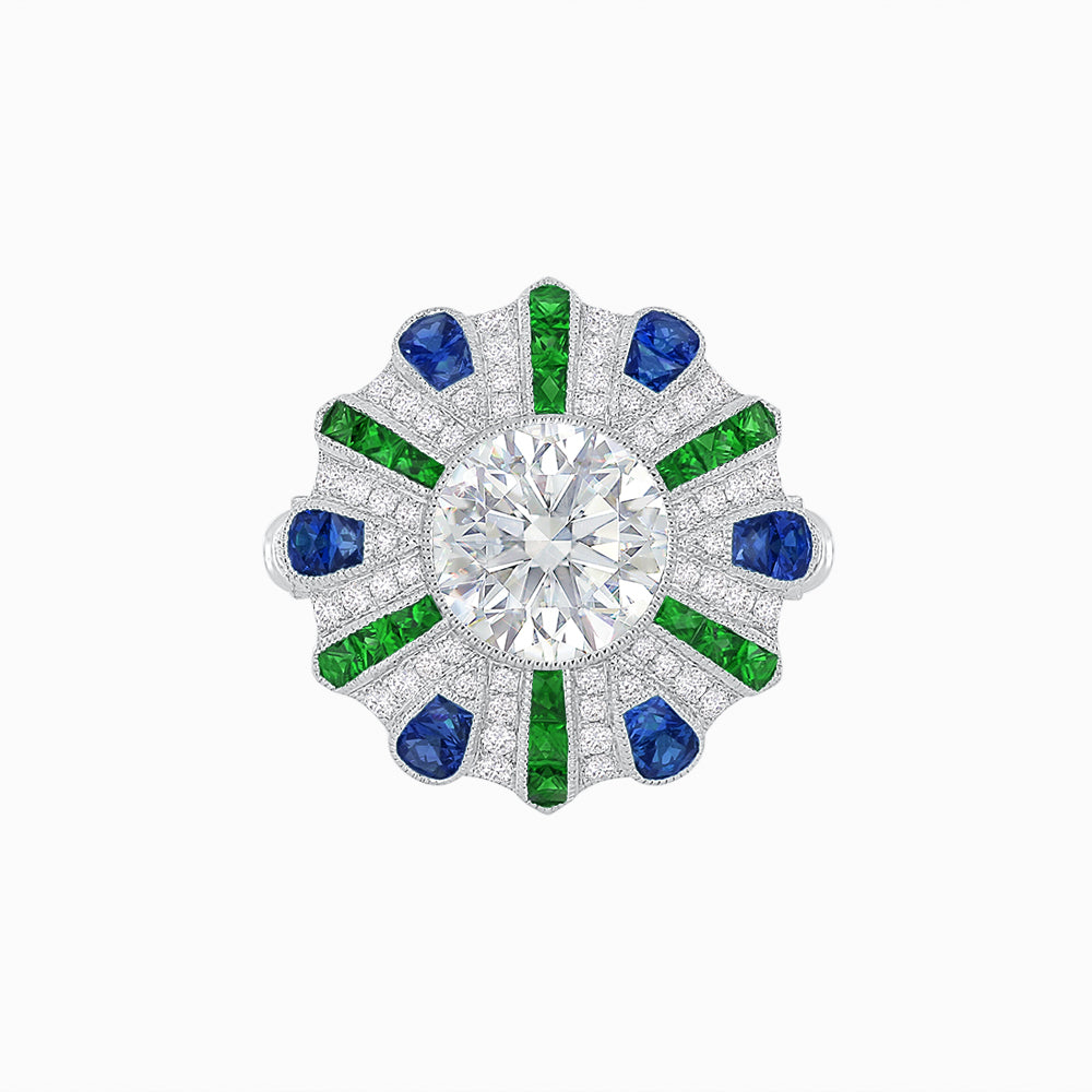 Art Deco-Inspired Peacock Diamond Ring Custom Center Stone | Fan Motif Halo | Hand-Applied Milgrain