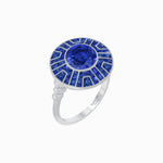 Load image into Gallery viewer, Art Deco-Inspired Geometric Halo Ring Mounting with French-Cut Accents Custom Center Stone | Bold Color Contrast | Hand-Finished Craftsmanship