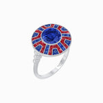 Load image into Gallery viewer, Art Deco-Inspired Geometric Halo Ring Mounting with French-Cut Accents Custom Center Stone | Bold Color Contrast | Hand-Finished Craftsmanship