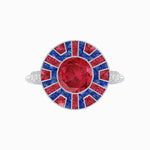 Load image into Gallery viewer, Art Deco-Inspired Geometric Halo Ring Mounting with French-Cut Accents Custom Center Stone | Bold Color Contrast | Hand-Finished Craftsmanship