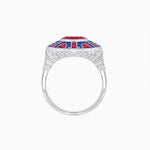 Load image into Gallery viewer, Art Deco-Inspired Geometric Halo Ring Mounting with French-Cut Accents Custom Center Stone | Bold Color Contrast | Hand-Finished Craftsmanship