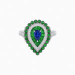 Load image into Gallery viewer, Vintage Inspired Triple Halo Pear-Shaped Ring with Customizable French-Cut and Cabochon Gemstones