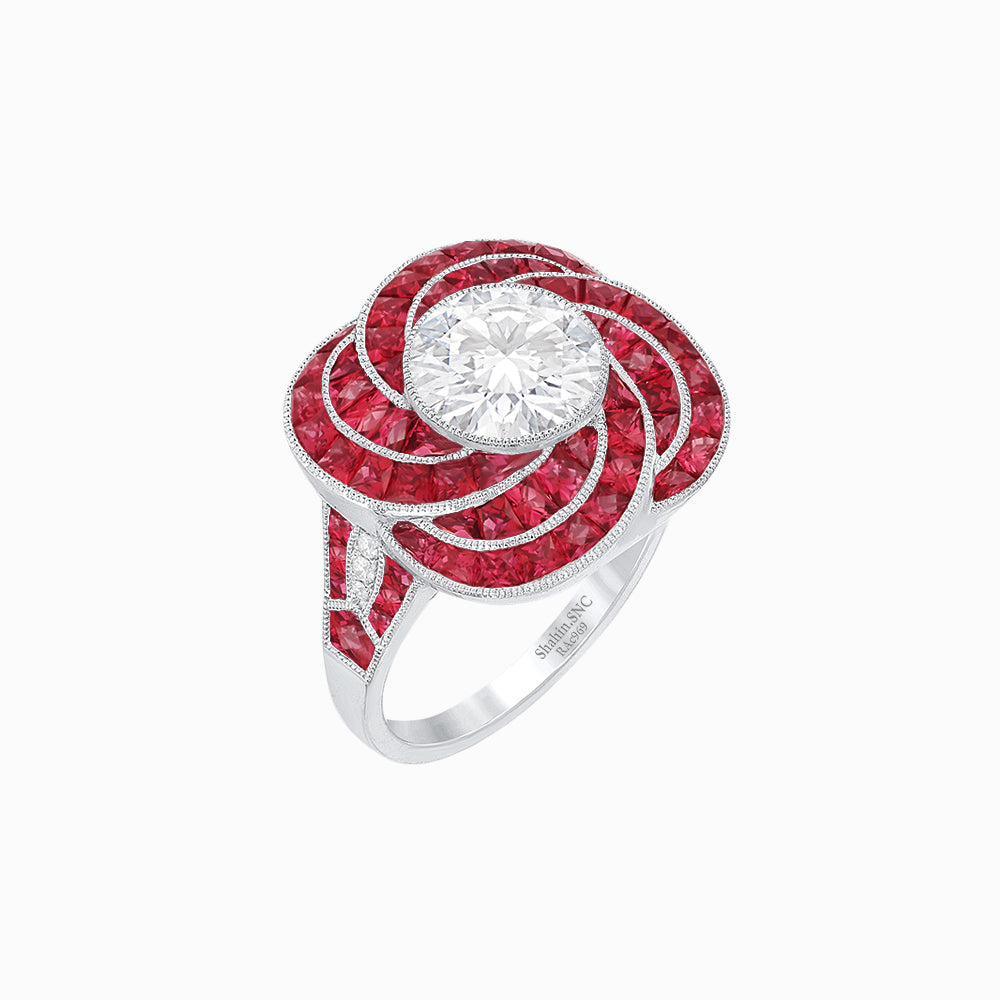 Art Deco-Inspired Swirl Halo Ring Mounting with French-Cut Accents Custom Center Stone | Floral Geometry | Hand-Finished Detail