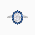 Load image into Gallery viewer, Art Deco Hexagonal Halo Ring with Calibre-Cut Gemstones and Diamond Accents Geometric Elegance | Milgrain Details | Custom Center Stone