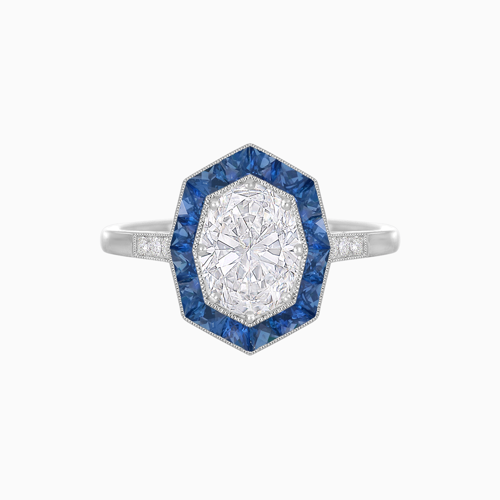 Art Deco Hexagonal Halo Ring with Calibre-Cut Gemstones and Diamond Accents Geometric Elegance | Milgrain Details | Custom Center Stone