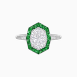 Load image into Gallery viewer, Art Deco Hexagonal Halo Ring with Calibre-Cut Gemstones and Diamond Accents Geometric Elegance | Milgrain Details | Custom Center Stone