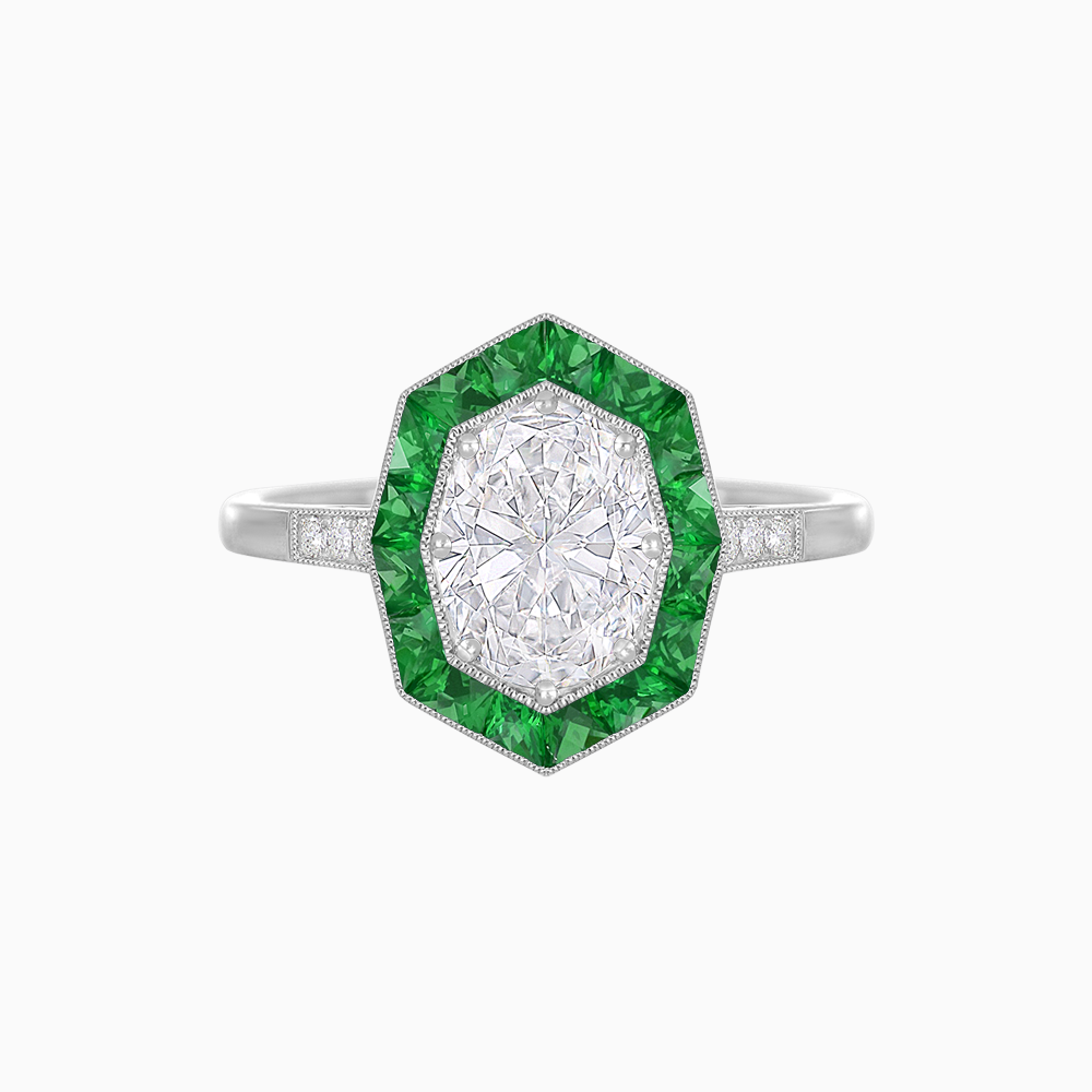 Art Deco Hexagonal Halo Ring with Calibre-Cut Gemstones and Diamond Accents Geometric Elegance | Milgrain Details | Custom Center Stone