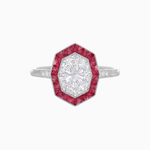 Load image into Gallery viewer, Art Deco Hexagonal Halo Ring with Calibre-Cut Gemstones and Diamond Accents Geometric Elegance | Milgrain Details | Custom Center Stone