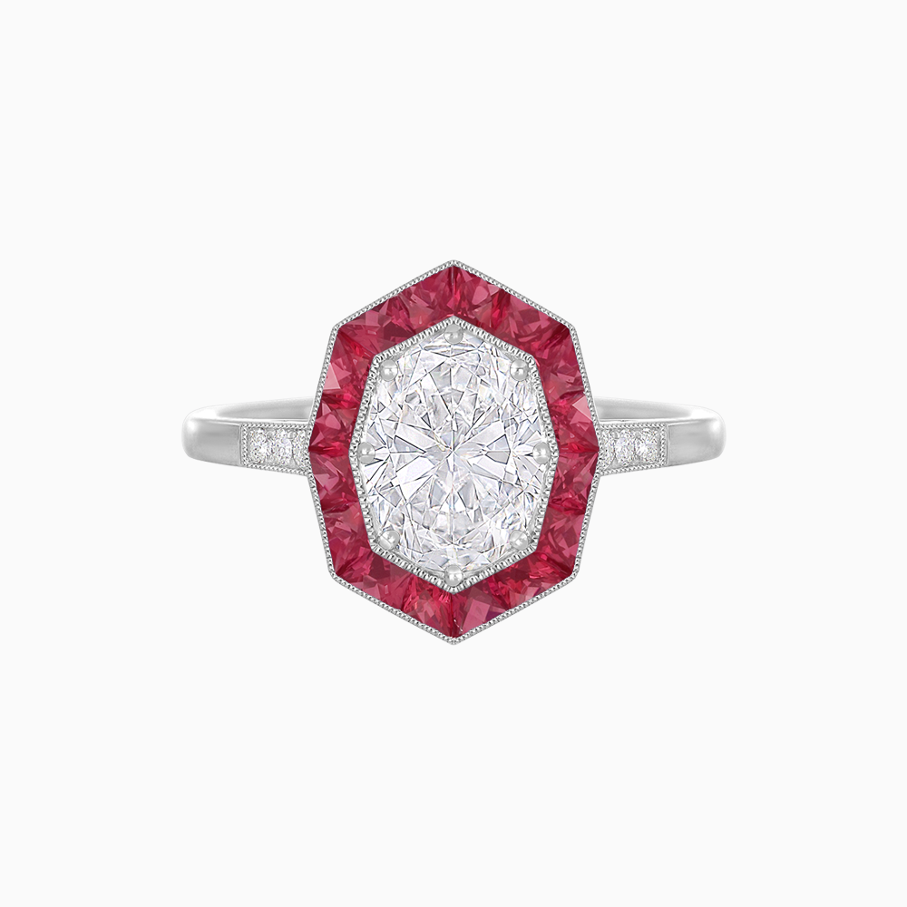 Art Deco Hexagonal Halo Ring with Calibre-Cut Gemstones and Diamond Accents Geometric Elegance | Milgrain Details | Custom Center Stone