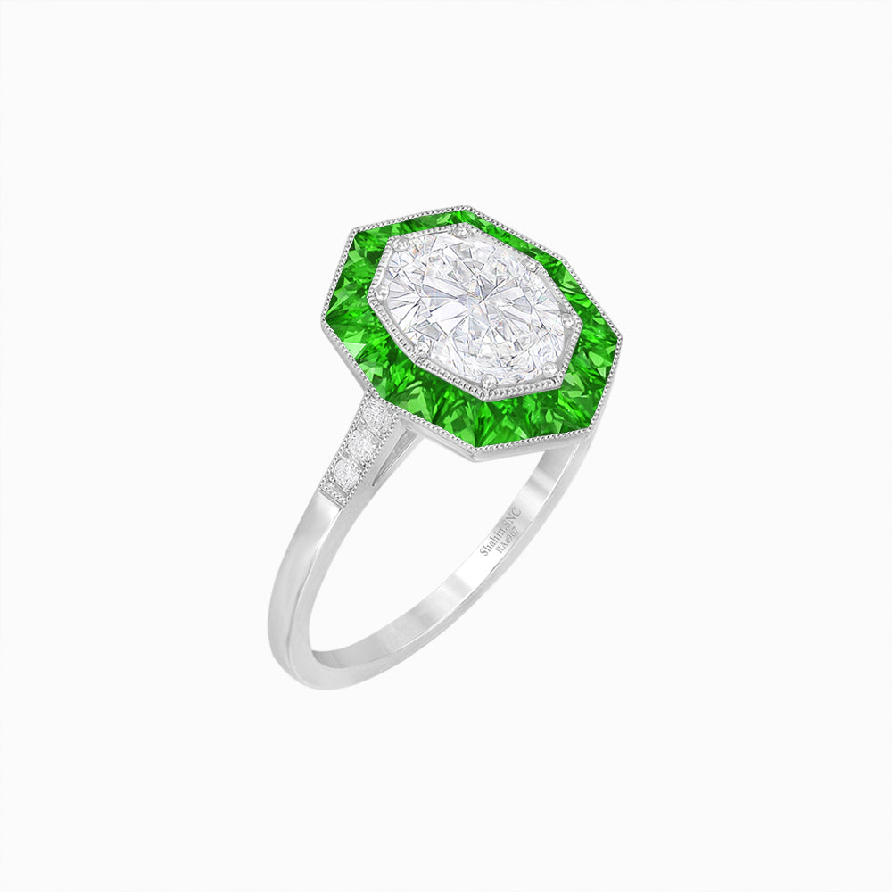 Art Deco Hexagonal Halo Ring with Calibre-Cut Gemstones and Diamond Accents Geometric Elegance | Milgrain Details | Custom Center Stone
