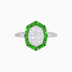 Load image into Gallery viewer, Art Deco Hexagonal Halo Ring with Calibre-Cut Gemstones and Diamond Accents Geometric Elegance | Milgrain Details | Custom Center Stone