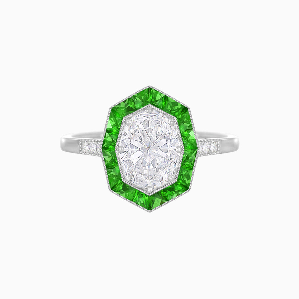 Art Deco Hexagonal Halo Ring with Calibre-Cut Gemstones and Diamond Accents Geometric Elegance | Milgrain Details | Custom Center Stone