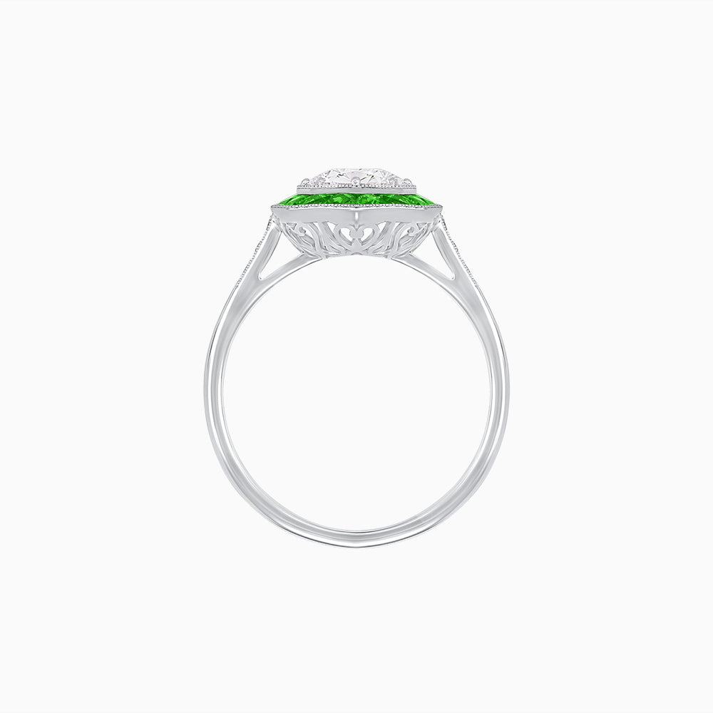 Art Deco Hexagonal Halo Ring with Calibre-Cut Gemstones and Diamond Accents Geometric Elegance | Milgrain Details | Custom Center Stone