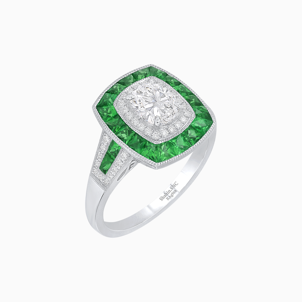 Art Deco Inspired Diamond and Gemstone Halo Engagement Ring