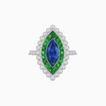 Load image into Gallery viewer, Vintage Style Marquise Ring with French-Cut Gemstone Halo and Scalloped Diamond Border