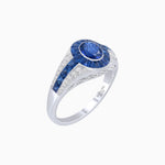 Load image into Gallery viewer, Art Deco Inspired Oval Cut Ring with Calibré Gemstone Halo and Diamond Accents