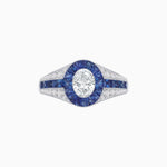 Load image into Gallery viewer, Art Deco Inspired Oval Cut Ring with Calibré Gemstone Halo and Diamond Accents
