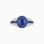 Load image into Gallery viewer, Art Deco Inspired Oval Cut Ring with Calibré Gemstone Halo and Diamond Accents