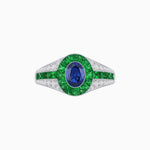 Load image into Gallery viewer, Art Deco Inspired Oval Cut Ring with Calibré Gemstone Halo and Diamond Accents