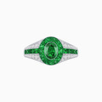 Load image into Gallery viewer, Art Deco Inspired Oval Cut Ring with Calibré Gemstone Halo and Diamond Accents