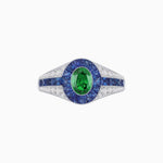 Load image into Gallery viewer, Art Deco Inspired Oval Cut Ring with Calibré Gemstone Halo and Diamond Accents