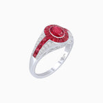 Load image into Gallery viewer, Art Deco Inspired Oval Cut Ring with Calibré Gemstone Halo and Diamond Accents