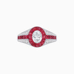 Load image into Gallery viewer, Art Deco Inspired Oval Cut Ring with Calibré Gemstone Halo and Diamond Accents