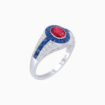 Load image into Gallery viewer, Art Deco Inspired Oval Cut Ring with Calibré Gemstone Halo and Diamond Accents