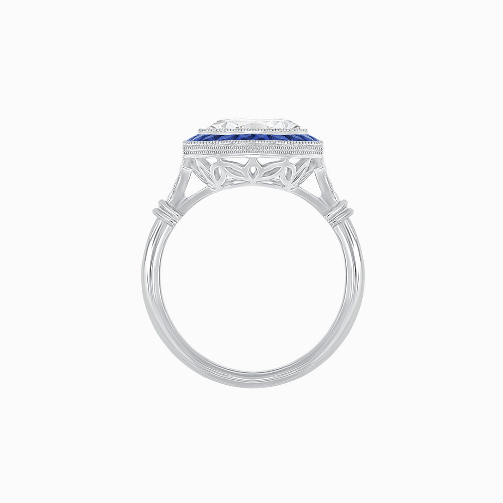 Art Deco-Inspired Round Halo Mounting with French-Cut Gemstone Accents Custom Center Stone | Hand-Applied Milgrain | Vintage Elegance