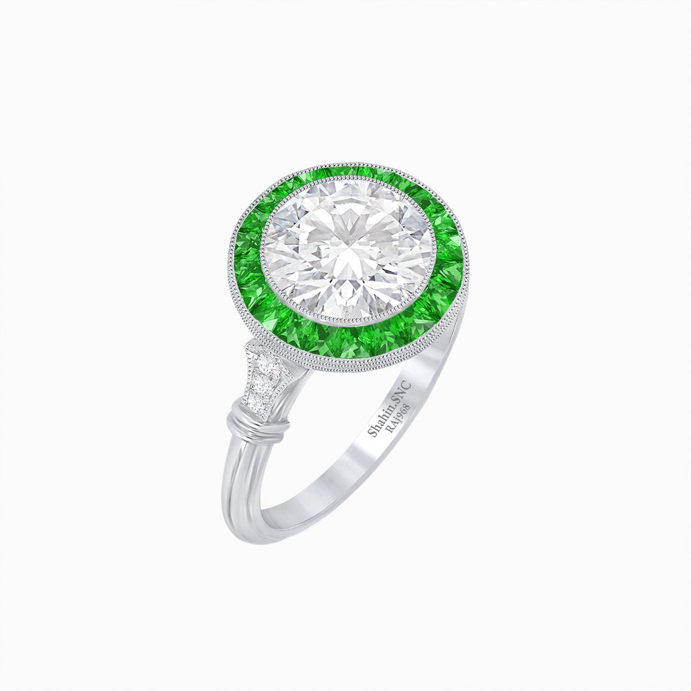 Art Deco-Inspired Round Halo Mounting with French-Cut Gemstone Accents Custom Center Stone | Hand-Applied Milgrain | Vintage Elegance