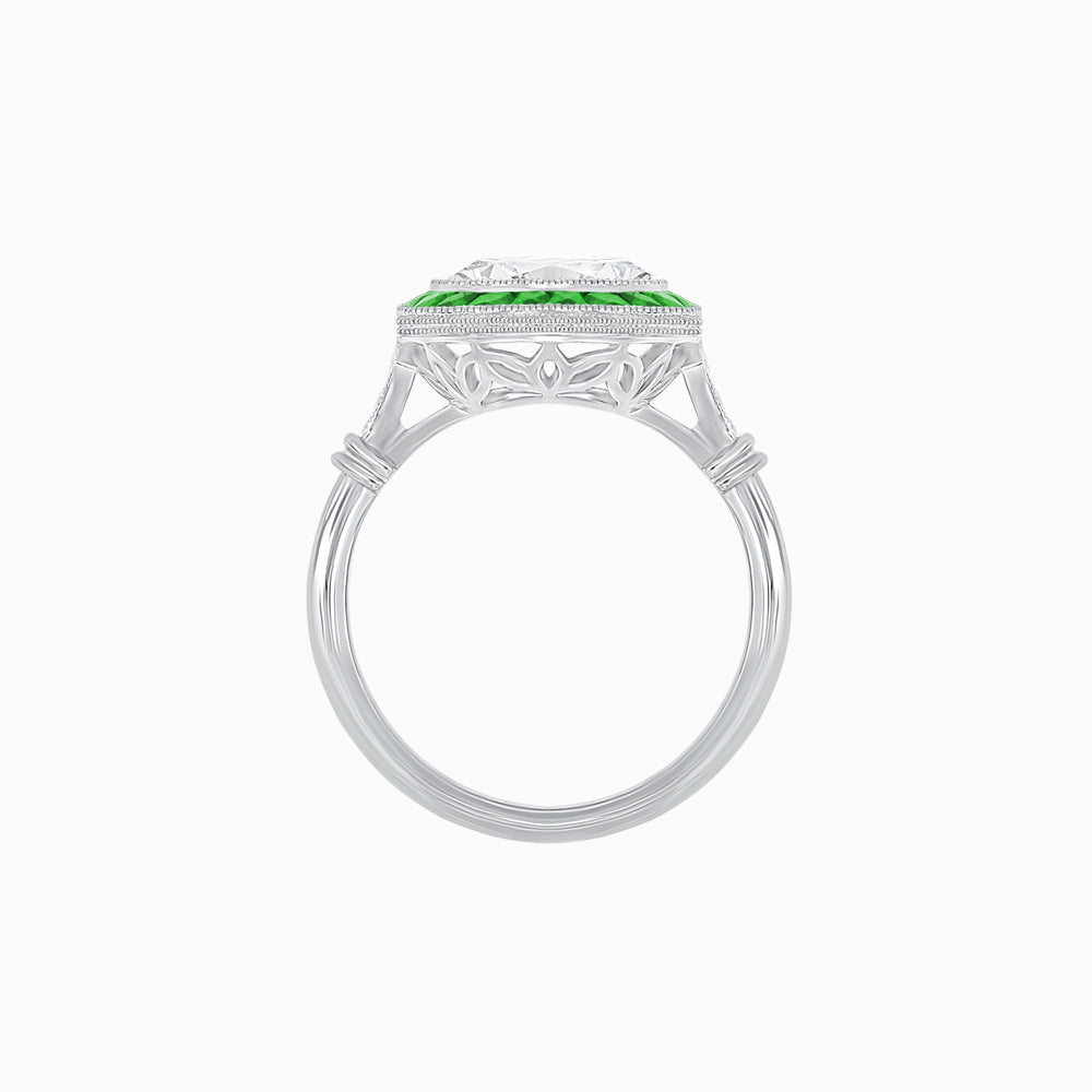 Art Deco-Inspired Round Halo Mounting with French-Cut Gemstone Accents Custom Center Stone | Hand-Applied Milgrain | Vintage Elegance