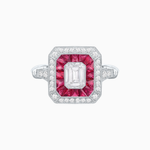 Load image into Gallery viewer, Art Deco Inspired Emerald Cut Halo Ring with Calibré Gems