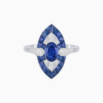 Load image into Gallery viewer, Art Deco Inspired Oval Cut Center Ring with Calibré-Cut Gemstone Navette Halo