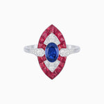 Load image into Gallery viewer, Art Deco Inspired Oval Cut Center Ring with Calibré-Cut Gemstone Navette Halo