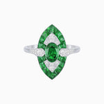 Load image into Gallery viewer, Art Deco Inspired Oval Cut Center Ring with Calibré-Cut Gemstone Navette Halo