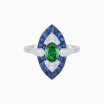 Load image into Gallery viewer, Art Deco Inspired Oval Cut Center Ring with Calibré-Cut Gemstone Navette Halo