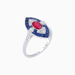 Load image into Gallery viewer, Art Deco Inspired Oval Cut Center Ring with Calibré-Cut Gemstone Navette Halo