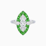 Load image into Gallery viewer, Art Deco Inspired Oval Cut Center Ring with Calibré-Cut Gemstone Navette Halo