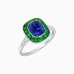 Load image into Gallery viewer, Art Deco Cushion Cut Ring with French-Cut Gemstone Halo and Diamond Accents