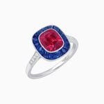 Load image into Gallery viewer, Art Deco Cushion Cut Ring with French-Cut Gemstone Halo and Diamond Accents