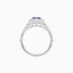 Load image into Gallery viewer, Art Deco Inspired Bezel-Set Heart Halo Ring with Calibré Gemstone Shoulders