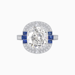 Load image into Gallery viewer, Art Deco Style Cushion Cut Ring Mounting with Diamond Halo and colored Side Gemstones